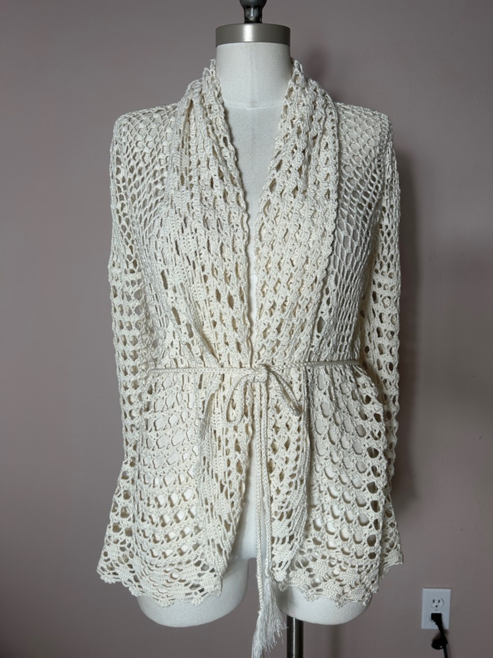 Dolce Cabo Openwork Crochet boho Tie-Front Sweater - Cream